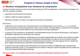 95
Chapitre 6: Flexion simple à l’ELU
6.4 Sections rectangulaires avec armatures de compression
Lorsque la hauteur limite de la zone comprimée imposée par l’EC2 est dépassée, on est amené à envisager une
des trois solutions suivantes:
• Augmenter les dimensions de la section
• Utiliser un béton de classe supérieure
• Renforcer la section au moyen une nappe d’armatures en compression
Remarques:
• L’adjonction d’une armature de compression dans une section lorsque le pivot est A (𝜇 𝐸𝑑 ≤ 𝜇 𝐴𝐵) n’a pas de
sens du point de vue économique puisque, dans ce cas, le béton n’est pas utilisé au maximum de sa capacité
et la diminution de l’armature inférieure qui s’ensuivrait ne sera pas significative.
• Le recours à une armature en compression n’est habituellement pas une solution économique, il est toujours
préférable d’augmenter les dimensions de la section.
• On aura recours à l’armature en compression que lorsque l’augmentation de la hauteur de la section en béton
n’est pas possible pour d’autres raisons (contraintes architecturales). Ou dans le cas où la section doit être
armée haut et bas car les moments qui la sollicite peuvent s’inverser. Il est alors logique de tenir compte des
deux nappes d’armatures pour optimiser la quantité totale du ferraillage.
• Il convient de ne pas oublier que les dimensions de la section en béton ne dépendent pas uniquement de
critères de résistance à l’ELU. Les dimensions d’une section en BA sont souvent imposées par des critères de
l’ELS qui limitent les déformations (flèches).
Pour ces raisons, on n’analysera que la cas où le plan de déformation passe par le pivot B
©nguyenquanghuy2017
 