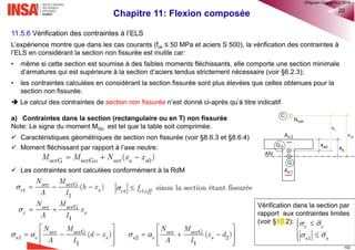 Chapitre 11: Flexion composée 9
11.2.2 Cas des structures
• On remplace l’inclinaison globale θi par une force transversale égale aux composantes horizontales des
efforts normaux dans les éléments inclinés(EC2 §5.2 (8)):
 système de contreventement:
 plancher de contreventement:
 diaphragme de toiture:
11.2.3 Prise en compte des écarts sur les dimensions des sections
• Les écarts sur les dimensions des sections sont normalement pris en compte dans les coefficients partiels
relatifs aux matériaux. En dehors du cas des sections droites avec un ferraillage symétrique, il n’y donc pas
lieu d’en tenir compte (EC2 §5.2(1)P).
• Pour tenir compte des écarts sur les dimensions des sections dans le cas des sections droites avec un
ferraillage symétrique, il convient d’adopter à l’ELU une excentricité minimale (EC2 §6.1(4)):
Le moment sollicitant au premier ordre à prendre à l’ELU est:
 i i b aH N N 
( ) / 2i i b aH N N 
i i aH N
0,min max[20mm; / 30 ]e h
, 0Ed Go Ed EdM M e N 
0 0,minavec max[ ; ]ie e e
®QHN2017
 
