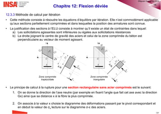 Chapitre 11: Flexion composée 44
11.8.8 Exemples d’application
Exemple 1: Soit un poteau de hauteur 3,5 m et de section 35x35 cm² soumise à la flexion composée.
Les sollicitations à l’ELU, ramenées au centre de gravité du béton seul, de la section critique sont:
NEd = 2286 kN et MEd,Goz = 200 kNm (ce moment est déjà corrigé pour tenir compte de l’effet de
l’imperfection géométrique). Les matériaux utilisés sont: béton C35 et acier B500A. Calculer les
armatures longitudinales.
Exemple 2: Soit un poteau de hauteur 5 m et de section circulaire de diamètre 45 cm soumise à la
flexion composée. Ce poteau a été dimensionné à l’aide d’un logiciel qui donne comme résultat le
plan de ferraillage suivant:
Les sollicitations à l’ELU, ramenées au centre
de gravité du béton seul, de la section critique
sont: NEd = 2968 kN et MEd,Goz = 238,5 kNm (ce
moment est déjà corrigé pour tenir compte de
l’effet de l’imperfection géométrique et l’effet du
second ordre). Les matériaux utilisés sont:
béton C40 et acier B500B.
Vérifier ce poteau vis-à-vis de la résistance à
l’ELU.
®QHN2017
 