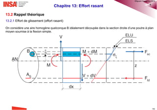 Chapitre 12: Flexion déviée 14
12.3.3 Méthode de calcul par itération
• Cette méthode consiste à résoudre les équations d’équilibre par itération. Elle n’est commodément applicable
qu’aux sections partiellement comprimées et dans lesquelles la position des armatures sont connue.
• La justification des sections à l’ELU consiste à montrer qu’il existe un état de contraintes dans lequel:
a) Les sollicitations agissantes sont inférieures ou égales aux sollicitations résistances
b) La droite joignant le centre de gravité des aciers et celui de la zone comprimée du béton est
perpendiculaire au vecteur de moment agissant.
• Le principe de calcul à la rupture pour une section rectangulaire sans acier comprimés est le suivant:
1. On se donne la direction de l’axe neutre (par exemple en fixant l’angle que fait cet axe avec la direction
Gx) ainsi que sa distance x à la fibre la plus comprimée.
2. On associe à la valeur x choisie le diagramme des déformations passant par le pivot correspondant et
en déduit la valeur de σs lecture sur le diagramme σ-ε des aciers.
cG
 cdf
cF
sF

x
x
cz
A
A.N
1h2h
z
y
A
y
sF
cF
cG

x
x
A.N
G G
z
 cdf
Zone comprimée
trapézoïdale
Zone comprimée
triangulaire
h
b
cz
®QHN2017
 
