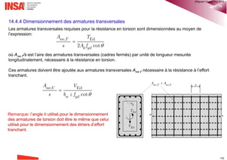Chapitre 13: Effort rasant 17
Soit les poutres isostatiques de 22x85 cm² de portée 10m et de 2,22m d’entre axes, associée à une dalle de
béton de 15 cm d’épaisseur. Ces poutres reposent sur des appuis de 80cm.
• Caractéristique mécanique des matériaux: Béton C25; acier B500B
• Reprise horizontale de bétonnage à la jonction âme-membrures
13.6.4 Exemple d’application: Dimensionnement des armatures de couture
®QHN2017
 