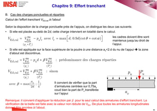 Chapitre 9: Effort tranchant 38
Cadres, épingles et
étriers intérieurs
Cadre extérieur
9.8 Dispositions constructives d’armatures d’effort tranchant (EC2-1-1 §9.2.2)
Les armatures d’effort tranchant doivent former un angle de 90° à 45° avec la ligne moyenne de l’élément
considéré.
a. Elles peuvent être composées d’une combinaison de:
• Cadres, étriers ou épingles entourant les armatures longitudinales tendues et la zone comprimée;
• Barres relevées;
• Cadres ouvertes, échelles, épingles, etc. sans entourer les armatures longitudinales mais correctement
ancrés dans les zones comprimée et tendue.
b. Il convient que les cadres, étriers et épingles soient efficacement ancrés. Un recouvrement sur le brin vertical
situé près de la surface de l’âme est autorisé sous réserve que le cadre ne participe pas à la résistance à la
torsion.
c. Au moins 50% des armatures d’effort tranchant nécessaires doivent être prévues sous forme de cadres,
étriers ou épingles.
®QHN2017
 