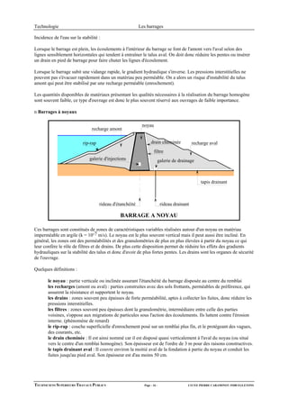 Technologie                                                Les barrages

Incidence de l'eau sur la stabilité :

Lorsque le barrage est plein, les écoulements à l'intérieur du barrage se font de l'amont vers l'aval selon des
lignes sensiblement horizontales qui tendent à entraîner le talus aval. On doit donc réduire les pentes ou insérer
un drain en pied de barrage pour faire chuter les lignes d'écoulement.

Lorsque le barrage subit une vidange rapide, le gradient hydraulique s'inverse. Les pressions interstitielles ne
pouvent pas s'évacuer rapidement dans un matériau peu perméable. On a alors un risque d'instabilité du talus
amont qui peut être stabilisé par une recharge perméable (enrochement).

Les quantités disponibles de matériaux présentant les qualités nécessaires à la réalisation du barrage homogène
sont souvent faible, ce type d'ouvrage est donc le plus souvent réservé aux ouvrages de faible importance.

n Barrages à noyaux

                                                            noyau
                                recharge amont

                           rip-rap                                drain cheminée             recharge aval
                                                                     filtre
                               galerie d'injections                    galerie de drainage



                                                                                                 tapis drainant



                                     rideau d'étanchéité                   rideau drainant

                                                BARRAGE A NOYAU

Ces barrages sont constitués de zones de caractéristiques variables réalisées autour d'un noyau en matériau
imperméable en argile (k = 10-7 m/s). Le noyau est le plus souvent vertical mais il peut aussi être incliné. En
général, les zones ont des perméabilités et des granulométries de plus en plus élevées à partir du noyau ce qui
leur confère le rôle de filtres et de drains. De plus cette disposition permet de réduire les effets des gradients
hydrauliques sur la stabilité des talus et donc d'avoir de plus fortes pentes. Les drains sont les organes de sécurité
de l'ouvrage.

Quelques définitions :

       le noyau : partie verticale ou inclinée assurant l'étanchéité du barrage disposée au centre du remblai
       les recharges (amont ou aval) : parties construites avec des sols frottants, perméables de préférence, qui
       assurent la résistance et supportent le noyau.
       les drains : zones souvent peu épaisses de forte perméabilité, aptes à collecter les fuites, donc réduire les
       pressions interstitielles.
       les filtres : zones souvent peu épaisses dont la granulométrie, intermédiaire entre celle des parties
       voisines, s'oppose aux migrations de particules sous l'action des écoulements. Ils luttent contre l'érosion
       interne. (phénomène de renard)
       le rip-rap : couche superficielle d'enrochement posé sur un remblai plus fin, et le protégeant des vagues,
       des courants, etc.
       le drain cheminée : Il est ainsi nommé car il est disposé quasi verticalement à l'aval du noyau (ou situé
       vers le centre d'un remblai homogène). Son épaisseur est de l'ordre de 3 m pour des raisons constructives.
       le tapis drainant aval : Il couvre environ la moitié aval de la fondation à partie du noyau et conduit les
       fuites jusqu'au pied aval. Son épaisseur est d'au moins 50 cm.




TECHNICIENS SUPERIEURS TRAVAUX PUBLICS                       Page - 16 -                 LYCEE PIERRE CARAMINOT 19300 EGLETONS
 