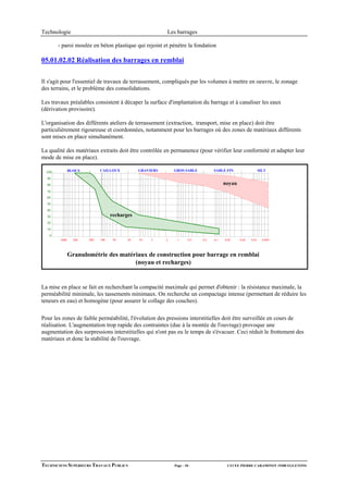 Technologie                                                Les barrages

        - paroi moulée en béton plastique qui rejoint et pénètre la fondation

05.01.02.02 Réalisation des barrages en remblai

Il s'agit pour l'essentiel de travaux de terrassement, compliqués par les volumes à mettre en oeuvre, le zonage
des terrains, et le problème des consolidations.

Les travaux préalables consistent à décaper la surface d'implantation du barrage et à canaliser les eaux
(dérivation provisoire).

L'organisation des différents ateliers de terrassement (extraction, transport, mise en place) doit être
particulièrement rigoureuse et coordonnées, notamment pour les barrages où des zones de matériaux différents
sont mises en place simultanément.

La qualité des matériaux extraits doit être contrôlée en permanence (pour vérifier leur conformité et adapter leur
mode de mise en place).

  100           BLOCS         CAILLOUX          GRAVIERS       GROS SABLE           SABLE FIN                   SILT

  90
  80                                                                                      noyau
  70
  60
  50
  40
  30                                recharges
  20
  10
   0
         1000     500   200   100    50    20   10   5     2     1      0.5   0.2   0.1   0.05    0.02   0.01     0.005   0.002   0.001



                Granulométrie des matériaux de construction pour barrage en remblai
                                       (noyau et recharges)


La mise en place se fait en recherchant la compacité maximale qui permet d'obtenir : la résistance maximale, la
perméabilité minimale, les tassements minimaux. On recherche un compactage intense (permettant de réduire les
teneurs en eau) et homogène (pour assurer le collage des couches).

Pour les zones de faible perméabilité, l'évolution des pressions interstitielles doit être surveillée en cours de
réalisation. L'augmentation trop rapide des contraintes (due à la montée de l'ouvrage) provoque une
augmentation des surpressions interstitielles qui n'ont pas eu le temps de s'évacuer. Ceci réduit le frottement des
matériaux et donc la stabilité de l'ouvrage.




TECHNICIENS SUPERIEURS TRAVAUX PUBLICS                         Page - 18 -                 LYCEE PIERRE CARAMINOT 19300 EGLETONS
 