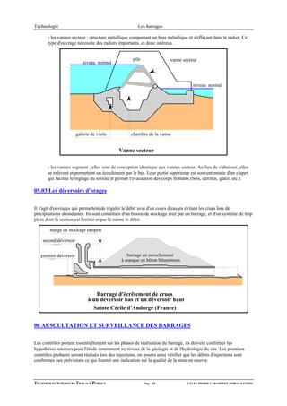 Technologie                                            Les barrages

       - les vannes secteur : structure métallique comportant un bras métallique et s'effaçant dans le radier. Ce
       type d'ouvrage nécessite des radiers importants, et donc onéreux.


                                                     pile                 vanne secteur
                          niveau normal



                                                                                     niveau normal




                       galerie de visite            chambre de la vanne


                                             Vanne secteur

       - les vannes segment : elles sont de conception identique aux vannes secteur. Au lieu de s'abaisser, elles
       se relèvent et permettent un écoulement par le bas. Leur partie supérieure est souvent munie d'un clapet
       qui facilite le réglage du niveau et permet l'évacuation des corps flottants (bois, détritus, glace, etc.).

05.03 Les déversoirs d'orages

Il s'agit d'ouvrages qui permettent de réguler le débit aval d'un cours d'eau en évitant les crues lors de
précipitations abondantes. Ils sont constitués d'un bassin de stockage créé par un barrage, et d'un système de trop
plein dont la section est limitée et par là même le débit.

        marge de stockage tampon

    second déversoir


   premier déversoir                             barrage en enrochement
                                              à masque en béton bitumineux




                                Barrage d'écrêtement de crues
                             à un déversoir bas et un déversoir haut
                               Sainte Cécile d'Andorge (France)


06 AUSCULTATION ET SURVEILLANCE DES BARRAGES


Les contrôles portent essentiellement sur les phases de réalisation du barrage, ils doivent confirmer les
hypothèses retenues pour l'étude notamment au niveau de la géologie et de l'hydrologie du site. Les premiers
contrôles probants seront réalisés lors des injections, on pourra ainsi vérifier que les débits d'injections sont
conformes aux prévisions ce qui fournit une indication sur la qualité de la mise en oeuvre.



TECHNICIENS SUPERIEURS TRAVAUX PUBLICS                      Page - 20 -           LYCEE PIERRE CARAMINOT 19300 EGLETONS
 