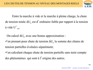 Entre la marche à vide et la marche à pleine charge, la chute
de tension totale ΔUc est d’ordinaire faible par rapport à la tension
à vide U’co.
On calcul ΔUC avec une bonne approximation :
üen prenant pour chute de tension ΔUc la somme des chutes de
tension partielles évaluées séparément;
üen calculant chaque chute de tension partielle sans tenir compte
des phénomènes qui sont à l’origine des autres.
LES CHUTES DE TENSION AU NIVEAU DES MONTAGES REELS
102
Gustave SOW gustave.sow@ucad.edu.sn
 