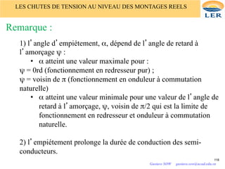 LES CHUTES DE TENSION AU NIVEAU DES MONTAGES REELS
Remarque :
1) l’angle d’empiétement, α, dépend de l’angle de retard à
l’amorçage ψ :
• α atteint une valeur maximale pour :
ψ = 0rd (fonctionnement en redresseur pur) ;
ψ = voisin de π (fonctionnement en onduleur à commutation
naturelle)
• α atteint une valeur minimale pour une valeur de l’angle de
retard à l’amorçage, ψ, voisin de π/2 qui est la limite de
fonctionnement en redresseur et onduleur à commutation
naturelle.
2) l’empiétement prolonge la durée de conduction des semi-
conducteurs.
118
Gustave SOW gustave.sow@ucad.edu.sn
 