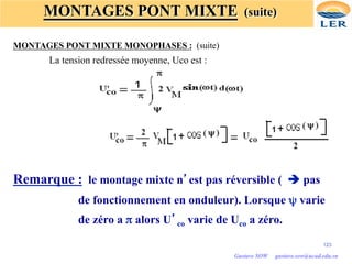 MONTAGES PONT MIXTE (suite)
MONTAGES PONT MIXTE MONOPHASES : (suite)
La tension redressée moyenne, Uco est :
Remarque : le montage mixte n’est pas réversible ( è pas
de fonctionnement en onduleur). Lorsque ψ varie
de zéro a π alors U’co varie de Uco a zéro.
123
Gustave SOW gustave.sow@ucad.edu.sn
 