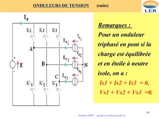 ONDULEURS DE TENSION (suite)
Remarques :
Pour un onduleur
triphasé en pont si la
charge est équilibrée
et en étoile à neutre
isole, on a :
Is1 + Is2 + Is3 = 0,
Vs1 + Vs2 + Vs3 =0.
137
Gustave SOW gustave.sow@ucad.edu.sn
 