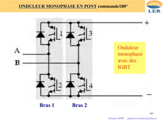 141
ONDULEUR MONOPHASE EN PONT commande180°
Onduleur
monophasé
avec des
IGBT
Bras 1 Bras 2
Gustave SOW gustave.sow@ucad.edu.sn
 