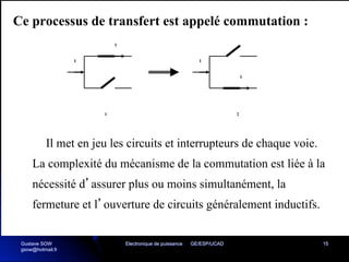 Electronique de puissance GE/ESP/UCAD 15
Ce processus de transfert est appelé commutation :
I
I
I
I
1 2
Il met en jeu les circuits et interrupteurs de chaque voie.
La complexité du mécanisme de la commutation est liée à la
nécessité d’assurer plus ou moins simultanément, la
fermeture et l’ouverture de circuits généralement inductifs.
Gustave SOW
gsow@hotmail.fr
 