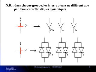 Electronique de puissance GE/ESP/UCAD 28
N.B. : dans chaque groupe, les interrupteurs ne différent que
par leurs caractéristiques dynamiques.
I
V
a b b
a
I
V
a b b
a
Gustave SOW
gsow@hotmail.fr
 