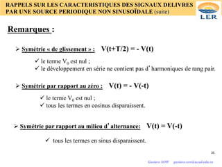 RAPPELS SUR LES CARACTERISTIQUES DES SIGNAUX DELIVRES
PAR UNE SOURCE PERIODIQUE NON SINUSOÏDALE (suite)
Remarques :
Ø Symétrie « de glissement » : V(t+T/2) = - V(t)
ü le terme V0 est nul ;
ü le développement en série ne contient pas d’harmoniques de rang pair.
Ø Symétrie par rapport au zéro : V(t) = - V(-t)
ü le terme V0 est nul ;
ü tous les termes en cosinus disparaissent.
Ø Symétrie par rapport au milieu d’alternance: V(t) = V(-t)
ü tous les termes en sinus disparaissent.
35
Gustave SOW gustave.sow@ucad.edu.sn
 