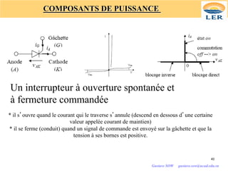 Un interrupteur à ouverture spontanée et
à fermeture commandée
* il s’ouvre quand le courant qui le traverse s’annule (descend en dessous d’une certaine
valeur appelée courant de maintien)
* il se ferme (conduit) quand un signal de commande est envoyé sur la gâchette et que la
tension à ses bornes est positive.
COMPOSANTS DE PUISSANCE
40
Gustave SOW gustave.sow@ucad.edu.sn
 