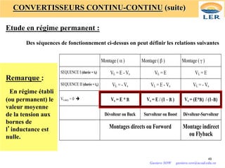 CONVERTISSEURS CONTINU-CONTINU (suite)
Etude en régime permanent :
Montage ( α ) Montage ( β ) Montage ( γ )
SEQUENCE I (durée = tf) VL = E - Vs VL = E VL = E
SEQUENCE II (durée = to) VL = - Vs VL = E - Vs VL = - Vs
VLmoy = 0 è Vs = E * R Vs = E / (1 – R ) Vs = (E*R) / (1–R)
Dévolteur ou Buck Survolteur ou Boost Dévolteur-Survolteur
Montages directs ou Forword Montage indirect
ou Flyback
Des séquences de fonctionnement ci-dessus on peut définir les relations suivantes
Remarque :
En régime établi
(ou permanent) le
valeur moyenne
de la tension aux
bornes de
l’inductance est
nulle.
49
Gustave SOW gustave.sow@ucad.edu.sn
 