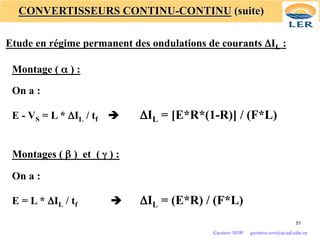 CONVERTISSEURS CONTINU-CONTINU (suite)
Etude en régime permanent des ondulations de courants ΔIL :
Montage ( α ) :
On a :
E - VS = L * ΔIL / tf è ΔIL = [E*R*(1-R)] / (F*L)
Montages ( β ) et ( γ ) :
On a :
E = L * ΔIL / tf è ΔIL = (E*R) / (F*L)
51
Gustave SOW gustave.sow@ucad.edu.sn
 