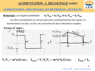 Remarque : en régime permanent n1*I1M = n2*I2M et n1*I1m = n2*I2m.
Les deux enroulements ne sont par parcourus simultanément par du courant. Le
transformateur est donc, en fait, une association de deux inductances couplées.
Formes d’ondes :
Vs/Ve = m*α/(1-α) ; I1moy = Vs*Is/Ve = m*α*Is/(1-α) ; I2moy = Is.
62
Gustave SOW gustave.sow@ucad.edu.sn
ALIMENTATION A DECOUPAGE (suite)
ALIMENTATION A DECOUPAGE ASYMETRIQUES : (FLYBACK)
 