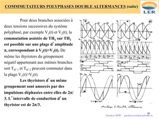 Pour deux branches associées à
deux tensions successives du système
polyphasé, par exemple V1(t) et V2(t), la
commutation assistée de TH1 sur TH2
est possible sur une plage d’amplitude
π, correspondant à V2(t)>V1(t). De
même les thyristors du groupement
négatif appartenant aux mêmes branches
soit TH’1 et TH’2 peuvent commuter dans
la plage V1(t)>V2(t).
Les thyristors d’un même
groupement sont amorcés par des
impulsions déphasées entre elles de 2π/
3. L’intervalle de conduction d’un
thyristor est de 2π/3.
COMMMUTATEURS POLYPHASES DOUBLE ALTERMANCES (suite)
83
Gustave SOW gustave.sow@ucad.edu.sn
 