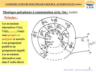 COMMMUTATEURS POLYPHASES DOUBLE ALTERMANCES (suite)
Montages polyphasés à commutation série, Sm : (suite)
Principe :
Les m tensions
alternatives V1(t),
V2(t),………,Vm(t)
sont groupés en
polygone et associés
à un groupement
positif et un
groupement négatif.
Les m tensions
alternatives sont
dans l’ordre direct
86
Gustave SOW gustave.sow@ucad.edu.sn
 