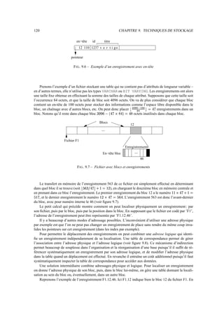 120                                                                       CHAPITRE 9. TECHNIQUES DE STOCKAGE

                             en−tête        id                  titre
                              12 110 1237 v e r t i go

                         pointeur

                           F IG . 9.6 – Exemple d’un enregistrement avec en-tête




    Prenons l’exemple d’un ﬁchier stockant une table qui ne contient pas d’attributs de longueur variable –
en d’autres termes, elle n’utilise pas les types VARCHAR ou BIT VARYING. Les enregistrements ont alors
une taille ﬁxe obtenue en effectuant la somme des tailles de chaque attribut. Supposons que cette taille soit
l’occurrence 84 octets, et que la taille de bloc soit 4096 octets. On va de plus considérer que chaque bloc
contient un en-tête de 100 octets pour stocker des informations comme l’espace libre disponible dans le
bloc, un chaînage avec d’autres blocs, etc. On peut donc placer
                                                      Apu |{ U @ |||zr
                                                     Y f p {        ~ } { y           enregistrements dans un
                                                                y B                              s es
bloc. Notons qu’il reste dans chaque bloc                            octets inutilisés dans chaque bloc.
                                                                             I…t•e„‰As€i
                                                                            b f p P f b v Y fE Q      d

                                                       Blocs
                                                                                  12
                                                           ...

                    Fichier F1
                                                                               Enregistrements
                                                               En−tête bloc            ...
                                                                                             46

                             F IG . 9.7 – Fichier avec blocs et enregistrements



    Le transfert en mémoire de l’enregistrement 563 de ce ﬁchier est simplement effectué en déterminant
                                                 “                 r
dans quel bloc il se trouve (soit 9Vc•I‡r
                                 u Y f h d i x       ), en chargeant le douzième bloc en mémoire centrale et
                                                        ƒ‚6
                                                       6 p
                                                                                                                    “
en prenant dans ce bloc l’enregistrement. Le premier enregistrement du bloc 12 a le numéro                 Vw”e6
                                                                                                          Y f v 6       p £6
                                                           r
 cAx
Y 6 , et le dernier enregistrement le numéro           6       . L’enregistrement 563 est donc l’avant-dernier
                                                                  ‡e7Vyv
                                                                 f i x p Y f
du bloc, avec pour numéro interne le 46 (voir ﬁgure 9.7).
    Le petit calcul qui précède montre comment on peut localiser physiquement un enregistrement : par
son ﬁchier, puis par le bloc, puis par la position dans le bloc. En supposant que le ﬁchier est codé par ’F1’,
l’adresse de l’enregistrement peut être représentée par ’F1.12.46’.
    Il y a beaucoup d’autres modes d’adressage possibles. L’inconvénient d’utiliser une adresse physique
par exemple est que l’on ne peut pas changer un enregistrement de place sans rendre du même coup inva-
lides les pointeurs sur cet enregistrement (dans les index par exemple).
    Pour permettre le déplacement des enregistrements on peut combiner une adresse logique qui identi-
ﬁe un enregistrement indépendamment de sa localisation. Une table de correspondance permet de gérer
l’association entre l’adresse physique et l’adresse logique (voir ﬁgure 9.8). Ce mécanisme d’indirection
permet beaucoup de souplesse dans l’organisation et la réorganisation d’une base puisqu’il il sufﬁt de ré-
férencer systématiquement un enregistrement par son adresse logique, et de modiﬁer l’adresse physique
dans la table quand un déplacement est effectué. En revanche il entraîne un coût additionnel puisqu’il faut
systématiquement inspecter la table de correspondance pour accéder aux données.
    Une solution intermédiaire combine adressages physique et logique. Pour localiser un enregistrement
on donne l’adresse physique de son bloc, puis, dans le bloc lui-même, on gère une table donnant la locali-
sation au sein du bloc ou, éventuellement, dans un autre bloc.
    Reprenons l’exemple de l’enregistrement F1.12.46. Ici F1.12 indique bien le bloc 12 du ﬁchier F1. En
 