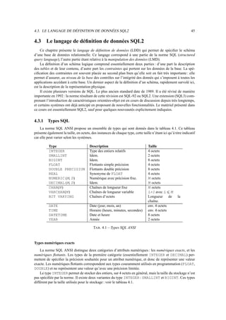 4.3. LE LANGAGE DE DÉFINITION DE DONNÉES SQL2                                                                    45

4.3     Le langage de déﬁnition de données SQL2
     Ce chapitre présente le langage de déﬁnition de données (LDD) qui permet de spéciﬁer le schéma
d’une base de données relationnelle. Ce langage correspond à une partie de la norme SQL (structured
query language), l’autre partie étant relative à la manipulation des données (LMD).
     La déﬁnition d’un schéma logique comprend essentiellement deux parties : d’une part la description
des tables et de leur contenu, d’autre part les contraintes qui portent sur les données de la base. La spé-
ciﬁcation des contraintes est souvent placée au second plan bien qu’elle soit en fait très importante : elle
permet d’assurer, au niveau de la base des contrôles sur l’intégrité des donnés qui s’imposent à toutes les
applications accédant à cette base. Un dernier aspect de la déﬁnition d’un schéma, rapidement survolé ici,
est la description de la représentation physique.
     Il existe plusieurs versions de SQL. Le plus ancien standard date de 1989. Il a été révisé de manière
importante en 1992 : la norme résultant de cette révision est SQL-92 ou SQL2. Une extension (SQL3) com-
prenant l’introduction de caractéristiques orientées-objet est en cours de discussion depuis très longtemps,
et certains systèmes ont déjà anticipé en proposant de nouvelles fonctionnalités. Le matériel présenté dans
ce cours est essentiellement SQL2, sauf pour quelques nouveautés explicitement indiquées.


4.3.1    Types SQL
    La norme SQL ANSI propose un ensemble de types qui sont donnés dans le tableau 4.1. Ce tableau
présente également la taille, en octets, des instances de chaque type, cette taille n’étant ici qu’à titre indicatif
car elle peut varier selon les systèmes.

          Type                          Description                               Taille
          INTEGER                       Type des entiers relatifs                 4 octets
          SMALLINT                      Idem.                                     2 octets
          BIGINT                        Idem.                                     8 octets
          FLOAT                         Flottants simple précision                4 octets
          DOUBLE PRECISION              Flottants double précision                8 octets
          REAL                          Synonyme de FLOAT                         4 octets
          NUMERIC (M, D)                Numérique avec précision ﬁxe.             M octets
          DECIMAL (M, D)                Idem.                                     M octets
          CHAR(M )                      Chaînes de longueur ﬁxe                   M octets
          VARCHAR(M )                   Chaînes de longueur variable              L+1 avec L M h

          BIT VARYING                   Chaînes d’octets                          Longueur de          la
                                                                                  chaîne.
          DATE                          Date (jour, mois, an)                     env. 4 octets
          TIME                          Horaire (heure, minutes, secondes)        env. 4 octets
          DATETIME                      Date et heure                             8 octets
          YEAR                          Année                                     2 octets

                                          TAB . 4.1 – Types SQL ANSI



Types numériques exacts
    La norme SQL ANSI distingue deux catégories d’attributs numériques : les numériques exacts, et les
numériques ﬂottants. Les types de la première catégorie (essentiellement INTEGER et DECIMAL) per-
mettent de spéciﬁer la précision souhaitée pour un attribut numérique, et donc de représenter une valeur
exacte. Les numériques ﬂottants correspondent aux types couramment utilisés en programmation (FLOAT,
DOUBLE) et ne représentent une valeur qu’avec une précision limitée.
    Le type INTEGER permet de stocker des entiers, sur 4 octets en général, mais la taille du stockage n’est
pas spéciﬁée par la norme. Il existe deux variantes du type INTEGER : SMALLINT et BIGINT. Ces types
différent par la taille utilisée pour le stockage : voir le tableau 4.1.
 