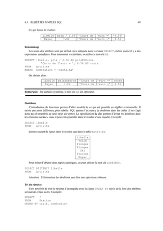 6.1. REQUÊTES SIMPLES SQL                                                                                  69

   Ce qui donne le résultat :

                libelle         prix / 6.56        ’Cours de l’euro =’             ’6.56’
                 Kayac              7.62           ’Cours de l’euro =’              6.56

Renommage
   Les noms des attributs sont par défaut ceux indiqués dans la clause SELECT, même quand il y a des
expressions complexes. Pour renommer les attributs, on utilise le mot-clé AS.

SELECT libelle, prix / 6.56 AS prixEnEuros,
          ’Cours de l’euro = ’, 6.56 AS cours
FROM   Activite
WHERE nomStation = ’Santalba’

   On obtient alors :
                 libelle        prixEnEuros        ’Cours de l’euro =’              cours
                  Kayac             7.69           ’Cours de l’euro =’               6.56

Remarque : Sur certains systèmes, le mot-clé AS est optionnel.



Doublons
    L’introduction de fonctions permet d’aller au-delà de ce qui est possible en algèbre relationnelle. Il
existe une autre différence, plus subtile : SQL permet l’existence de doublons dans les tables (il ne s’agit
donc pas d’ensemble au sens strict du terme). La spéciﬁcation de clés permet d’éviter les doublons dans
les relations stockées, mais il peuvent apparaître dans le résultat d’une requête. Exemple :

SELECT libelle
FROM   Activite

   donnera autant de lignes dans le résultat que dans la table Activite.

                                                 libelle
                                                  Voile
                                                 Plongee
                                                 Plongee
                                                   Ski
                                                 Piscine
                                                  Kayac

   Pour éviter d’obtenir deux tuples identiques, on peut utiliser le mot-clé DISTINCT.

SELECT DISTINCT libelle
FROM   Activite

   Attention : l’élimination des doublons peut être une opération coûteuse.

Tri du résultat
    Il est possible de trier le résultat d’un requête avec la clause ORDER BY suivie de la liste des attributs
servant de critère au tri. Exemple :
SELECT   *
FROM     Station
ORDER BY tarif, nomStation
 
