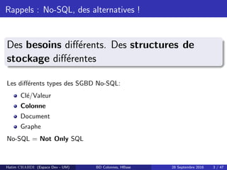 Rappels : No-SQL, des alternatives !
Des besoins diﬀ´erents. Des structures de
stockage diﬀ´erentes
Les diﬀ´erents types des SGBD No-SQL:
Cl´e/Valeur
Colonne
Document
Graphe
No-SQL = Not Only SQL
Hatim CHAHDI (Espace Dev - UM) BD Colonnes, HBase 28 Septembre 2016 3 / 47
 