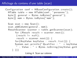 Aﬃchage du contenu d’une table (scan)
C on f i gu r a t i on conf = HBaseConfiguration . c r e a t e ( ) ;
HTable t a b l e = new HTable ( conf , ” personne ”) ;
byte [ ] ge n e r a l = Bytes . toBytes (” ge n e r a l ”) ;
byte [ ] nom = Bytes . toBytes (”nom ”) ;
Scan scan = new Scan ( ) ;
scan . addColumn ( general , nom ) ;
ResultScanner scanner = t a b l e . getScanner ( scan ) ;
f o r ( Result r e s u l t = scanner . next ( ) ;
( r e s u l t != n u l l ) ;
r e s u l t = scanner . next ( ) ) {
f o r ( KeyValue keyValue : r e s u l t . l i s t ( ) ) {
System . out . p r i n t l n (” Q u a l i f i e r : ” + keyValue
” : Value : ” + Bytes . t oS t r i n g ( keyValue . getV
} }}}
Listing 4: Scan sur colonne
Hatim CHAHDI (Espace Dev - UM) BD Colonnes, HBase 28 Septembre 2016 34 / 47
 
