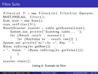 Filtre Suite
F i l t e r L i s t f l = new F i l t e r L i s t ( F i l t e r L i s t . Operator .
MUST PASS ALL , f i l t e r s ) ;
Scan scan = new Scan ( ) ;
scan . s e t F i l t e r ( f l ) ;
ResultScanner scanner = t a b l e . getScanner ( scan ) ;
System . out . p r i n t l n (” Scanning t a b l e . . . ”) ;
f o r ( Result r e s u l t : scanner ) {
f o r ( KeyValue kv : r e s u l t . raw ( ) ) {
System . out . p r i n t l n (” kv:”+kv +”, Key : ” +
Bytes . t oS t r i n g ( kv . getRow ( ) )
+ ” , Value : ” +Bytes . t oS t r i n g ( kv . getValue ( ) ) ) ;
}
}
scanner . c l o s e ( ) ;
Listing 6: Exemple de ﬁltre
Hatim CHAHDI (Espace Dev - UM) BD Colonnes, HBase 28 Septembre 2016 36 / 47
 