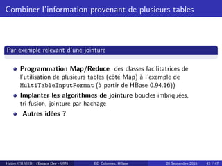 Combiner l’information provenant de plusieurs tables
Par exemple relevant d’une jointure
Programmation Map/Reduce des classes facilitatrices de
l’utilisation de plusieurs tables (cˆot´e Map) `a l’exemple de
MultiTableInputFormat (`a partir de HBase 0.94.16))
Implanter les algorithmes de jointure boucles imbriqu´ees,
tri-fusion, jointure par hachage
Autres id´ees ?
Hatim CHAHDI (Espace Dev - UM) BD Colonnes, HBase 28 Septembre 2016 43 / 47
 
