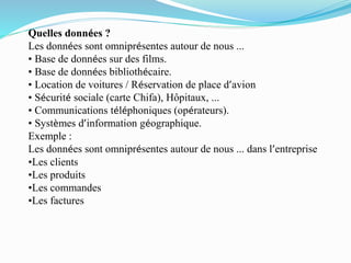 Quelles données ?
Les données sont omniprésentes autour de nous ...
• Base de données sur des films.
• Base de données bibliothécaire.
• Location de voitures / Réservation de place d’avion
• Sécurité sociale (carte Chifa), Hôpitaux, ...
• Communications téléphoniques (opérateurs).
• Systèmes d’information géographique.
Exemple :
Les données sont omniprésentes autour de nous ... dans l’entreprise
•Les clients
•Les produits
•Les commandes
•Les factures
 