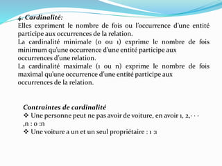 4. Cardinalité:
Elles expriment le nombre de fois ou l’occurrence d’une entité
participe aux occurrences de la relation.
La cardinalité minimale (0 ou 1) exprime le nombre de fois
minimum qu’une occurrence d’une entité participe aux
occurrences d’une relation.
La cardinalité maximale (1 ou n) exprime le nombre de fois
maximal qu’une occurrence d’une entité participe aux
occurrences de la relation.
Contraintes de cardinalité
 Une personne peut ne pas avoir de voiture, en avoir 1, 2,· · ·
,n : 0 :n
 Une voiture a un et un seul propriétaire : 1 :1
 