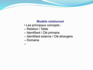 Modèle relationnel
• Les principaux concepts :
– Relation / Table
– Identifiant / Clé primaire
– Identifiant externe / Clé étrangère
– Domaine
–
 