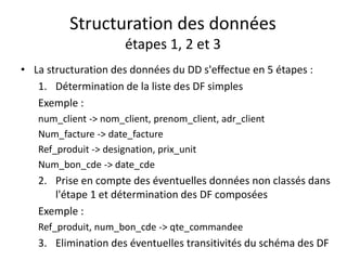 Structuration des données
étapes 1, 2 et 3
• La structuration des données du DD s'effectue en 5 étapes :
1. Détermination de la liste des DF simples
Exemple :
num_client -> nom_client, prenom_client, adr_client
Num_facture -> date_facture
Ref_produit -> designation, prix_unit
Num_bon_cde -> date_cde
2. Prise en compte des éventuelles données non classés dans
l'étape 1 et détermination des DF composées
Exemple :
Ref_produit, num_bon_cde -> qte_commandee
3. Elimination des éventuelles transitivités du schéma des DF
 