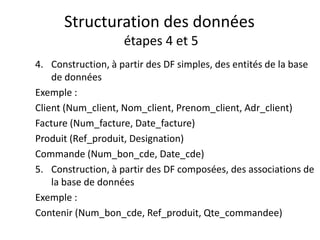 Structuration des données
étapes 4 et 5
4. Construction, à partir des DF simples, des entités de la base
de données
Exemple :
Client (Num_client, Nom_client, Prenom_client, Adr_client)
Facture (Num_facture, Date_facture)
Produit (Ref_produit, Designation)
Commande (Num_bon_cde, Date_cde)
5. Construction, à partir des DF composées, des associations de
la base de données
Exemple :
Contenir (Num_bon_cde, Ref_produit, Qte_commandee)
 