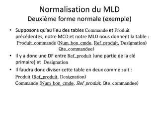 Normalisation du MLD
Deuxième forme normale (exemple)
• Supposons qu’au lieu des tables Commande et Produit
précédentes, notre MCD et notre MLD nous donnent la table :
Produit_commandé (Num_bon_cmde, Ref_produit, Designation)
Qte_commandee)
• Il y a donc une DF entre Ref_produit (une partie de la clé
primaire) et Designation
• Il faudra donc diviser cette table en deux comme suit :
Produit (Ref_produit, Designation)
Commande (Num_bon_cmde, Ref_produit, Qte_commandee)
 