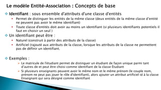 Le modèle Entité-Association : Concepts de base
 Identifiant : sous ensemble d'attributs d'une classe d'entités
 Permet de distinguer les entités de la même classe (deux entités de la même classe d’entité
ne peuvent pas avoir le même identifiant)
 Toute classe d'entités doit avoir au moins un identifiant (si plusieurs identifiants potentiels il
faut en choisir un seul )
 Un identifiant peut être :
 Naturel (construit à partir des attributs de la classe)
 Artificiel (rajouté aux attributs de la classe, lorsque les attributs de la classe ne permettent
pas de définir un identifiant.
 Exemples :
 Le matricule de l'étudiant permet de distinguer un étudiant de façon unique parmi tant
d’autres de et peut être choisi comme identifiant de la classe Étudiant
 Si plusieurs enseignants peuvent avoir le même nom et le même prénom (le couple nom,
prénom ne peut pas jouer le rôle d'identifiant), alors ajouter un attribut artificiel id à la classe
Enseignant qui sera désigné comme identifiant
 