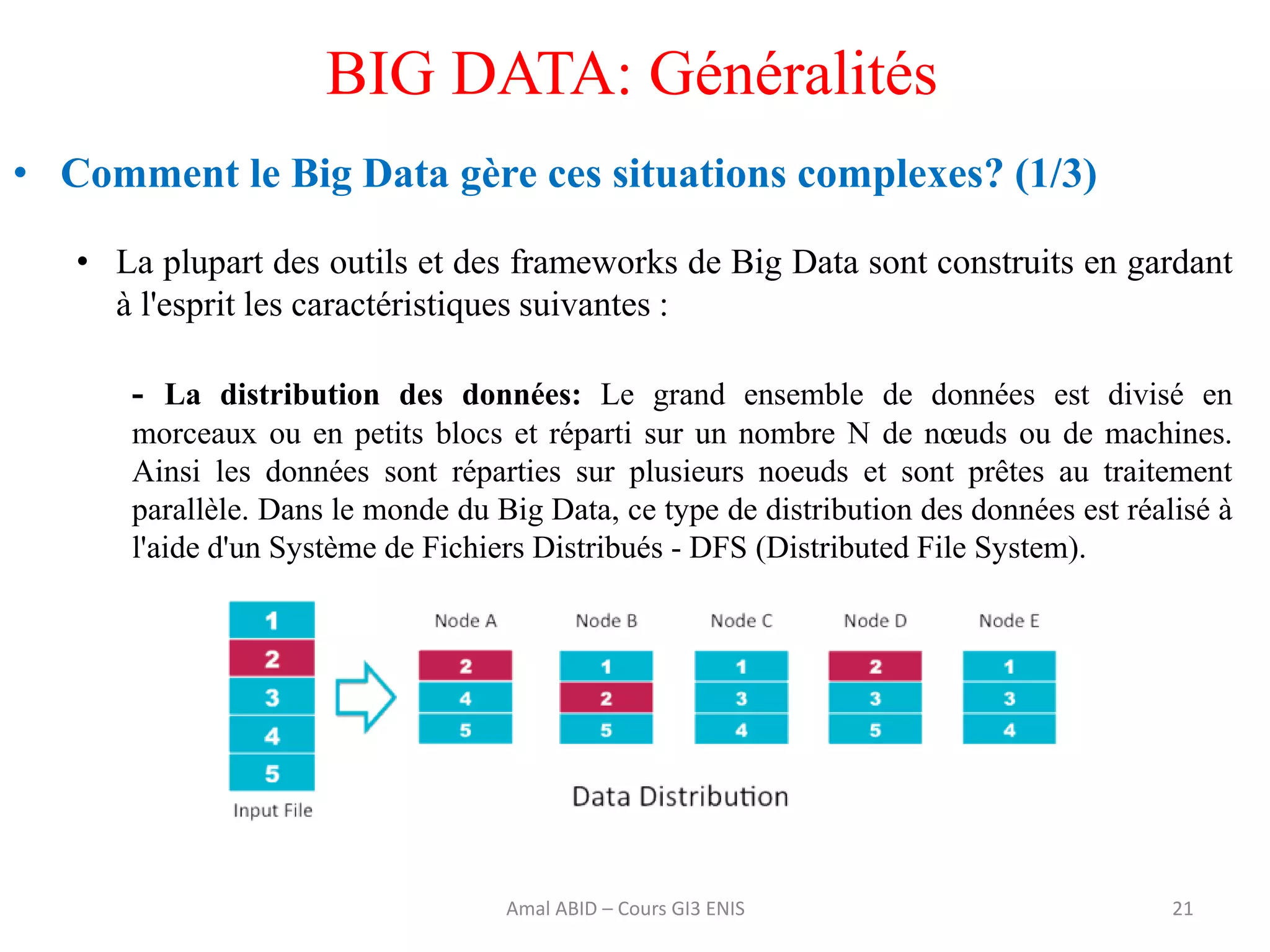 • Comment le Big Data gère ces situations complexes? (1/3)
• La plupart des outils et des frameworks de Big Data sont construits en gardant
à l'esprit les caractéristiques suivantes :
- La distribution des données: Le grand ensemble de données est divisé en
morceaux ou en petits blocs et réparti sur un nombre N de nœuds ou de machines.
Ainsi les données sont réparties sur plusieurs noeuds et sont prêtes au traitement
parallèle. Dans le monde du Big Data, ce type de distribution des données est réalisé à
l'aide d'un Système de Fichiers Distribués - DFS (Distributed File System).
21
BIG DATA: Généralités
Amal ABID – Cours GI3 ENIS
 