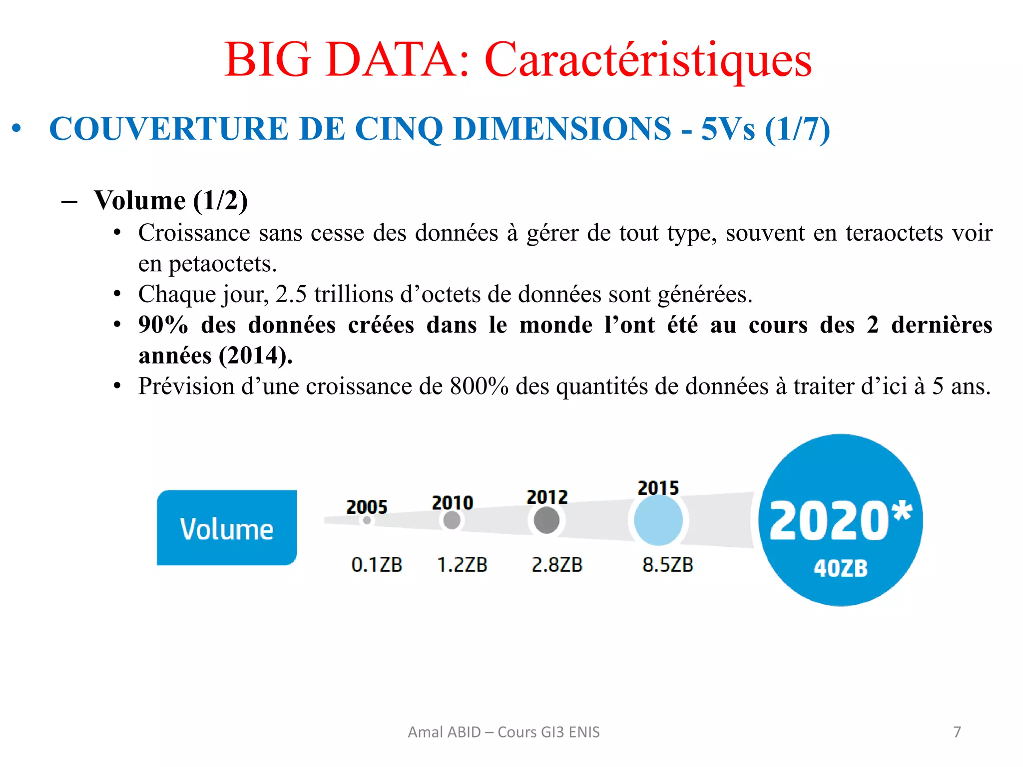 7
BIG DATA: Caractéristiques
• COUVERTURE DE CINQ DIMENSIONS - 5Vs (1/7)
– Volume (1/2)
• Croissance sans cesse des données à gérer de tout type, souvent en teraoctets voir
en petaoctets.
• Chaque jour, 2.5 trillions d’octets de données sont générées.
• 90% des données créées dans le monde l’ont été au cours des 2 dernières
années (2014).
• Prévision d’une croissance de 800% des quantités de données à traiter d’ici à 5 ans.
Amal ABID – Cours GI3 ENIS
 
