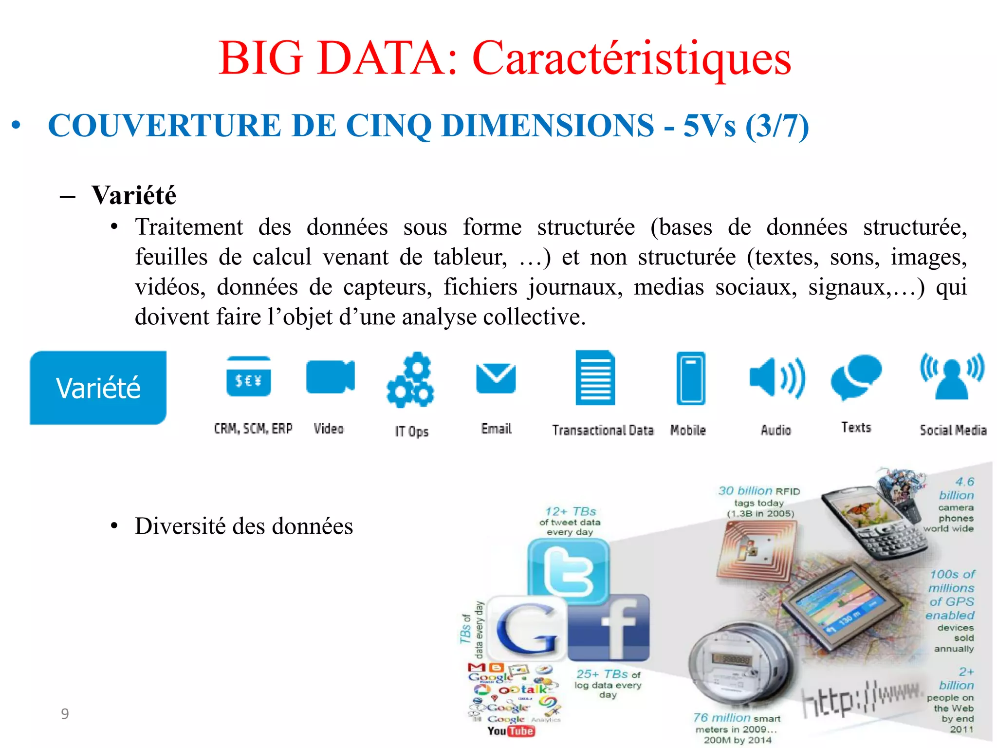 9
BIG DATA: Caractéristiques
• COUVERTURE DE CINQ DIMENSIONS - 5Vs (3/7)
– Variété
• Traitement des données sous forme structurée (bases de données structurée,
feuilles de calcul venant de tableur, …) et non structurée (textes, sons, images,
vidéos, données de capteurs, fichiers journaux, medias sociaux, signaux,…) qui
doivent faire l’objet d’une analyse collective.
• Diversité des données
Variété
 