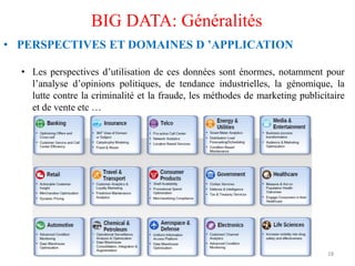 • PERSPECTIVES ET DOMAINES D ’APPLICATION
• Les perspectives d’utilisation de ces données sont énormes, notamment pour
l’analyse d’opinions politiques, de tendance industrielles, la génomique, la
lutte contre la criminalité et la fraude, les méthodes de marketing publicitaire
et de vente etc …
28
BIG DATA: Généralités
 