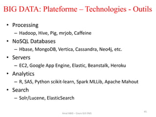45
• Processing
– Hadoop, Hive, Pig, mrjob, Caffeine
• NoSQL Databases
– Hbase, MongoDB, Vertica, Cassandra, Neo4j, etc.
• Servers
– EC2, Google App Engine, Elastic, Beanstalk, Heroku
• Analytics
– R, SAS, Python scikit-learn, Spark MLLib, Apache Mahout
• Search
– Solr/Lucene, ElasticSearch
Amal ABID – Cours GI3 ENIS
BIG DATA: Plateforme – Technologies - Outils
 