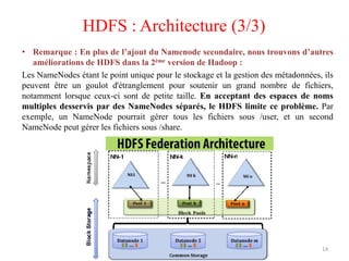 • Remarque : En plus de l’ajout du Namenode secondaire, nous trouvons d’autres
améliorations de HDFS dans la 2ème version de Hadoop :
Les NameNodes étant le point unique pour le stockage et la gestion des métadonnées, ils
peuvent être un goulot d'étranglement pour soutenir un grand nombre de fichiers,
notamment lorsque ceux-ci sont de petite taille. En acceptant des espaces de noms
multiples desservis par des NameNodes séparés, le HDFS limite ce problème. Par
exemple, un NameNode pourrait gérer tous les fichiers sous /user, et un second
NameNode peut gérer les fichiers sous /share.
14
HDFS : Architecture (3/3)
Amal ABID – Cours GI3 ENIS
 
