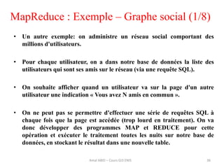 36
• Un autre exemple: on administre un réseau social comportant des
millions d'utilisateurs.
• Pour chaque utilisateur, on a dans notre base de données la liste des
utilisateurs qui sont ses amis sur le réseau (via une requête SQL).
• On souhaite afficher quand un utilisateur va sur la page d'un autre
utilisateur une indication « Vous avez N amis en commun ».
• On ne peut pas se permettre d'effectuer une série de requêtes SQL à
chaque fois que la page est accédée (trop lourd en traitement). On va
donc développer des programmes MAP et REDUCE pour cette
opération et exécuter le traitement toutes les nuits sur notre base de
données, en stockant le résultat dans une nouvelle table.
MapReduce : Exemple – Graphe social (1/8)
Amal ABID – Cours GI3 ENIS
 