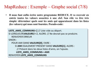 42
• Il nous faut enfin écrire notre programme REDUCE. Il va recevoir en
entrée toutes les valeurs associées à une clef. Son rôle va être très
simple: déterminer quels sont les amis qui apparaissent dans les listes
(les valeurs) qui nous sont fournies. Pseudo-code:
MapReduce : Exemple – Graphe social (7/8)
LISTE_AMIS_COMMUNS=[] // Liste vide au départ.
SI LONGUEUR(VALEURS)!=2, ALORS: // Ne devrait pas se produire.
RENVOYER ERREUR
SINON :
POUR AMI DANS VALEURS[0], FAIRE :
SI AMI EGALEMENT PRESENT DANS VALEURS[1], ALORS :
// Présent dans les deux listes d'amis, on l'ajoute.
LISTE_AMIS_COMMUNS+=AMI
RENVOYER LISTE_AMIS_COMMUNS
Amal ABID – Cours GI3 ENIS
 