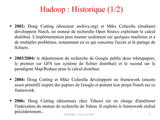 5
Hadoop : Historique (1/2)
 2002: Doug Cutting (directeur archive.org) et Mike Cafarella (étudiant)
développent Nutch, un moteur de recherche Open Source exploitant le calcul
distribué. L'implémentation peut tourner seulement sur quelques machines et a
de multiples problèmes, notamment en ce qui concerne l'accès et le partage de
fichiers.
 2003/2004: le département de recherche de Google publie deux whitepapers,
le premier sur GFS (un système de fichier distribué) et le second sur le
paradigme Map/Reduce pour le calcul distribué.
 2004: Doug Cutting et Mike Cafarella développent un framework (encore
assez primitif) inspiré des papiers de Google et portent leur projet Nutch sur ce
framework.
 2006: Doug Cutting (désormais chez Yahoo) est en charge d'améliorer
l'indexation du moteur de recherche de Yahoo. Il exploite le framework réalisé
précédemment...
Amal ABID – Cours GI3 ENIS
 