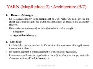 1. ResourceManager
• Le ResourceManager est le remplaçant du JobTracker du point de vue du
client qui soumet des jobs (ou plutôt des applications en Hadoop 2) à un cluster
Hadoop.
• Il n’a maintenant plus que deux tâches bien distinctes à accomplir :
– Scheduler
– ApplicationsManager
a. Scheduler
• Le Scheduler est responsable de l’allocation des ressources des applications
tournant sur le cluster.
• Il s’agit uniquement d’ordonnancement et d’allocation de ressources.
• Les ressources allouées aux applications par le Scheduler pour leur permettre de
s’exécuter sont appelées des Containers.
YARN (MapReduce 2) : Architecture (5/7)
60Amal ABID – Cours GI3 ENIS
 