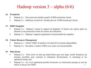 87
16. Évolutivité
 Hadoop 2.x – Nous pouvons étendre jusqu'à 10 000 noeuds par cluster.
 Hadoop 3.x – Meilleure évolutivité. Etendre plus de 10 000 noeuds par cluster.
17. HDFS Snapshot
 Hadoop 2.x – Hadoop 2 ajoute le support du Snapshot. Il fournit une reprise après un
désastre et une protection contre les erreurs de l'utilisateur.
 Hadoop 3.x – Hadoop 3 supporte également la fonctionnalité de snapshot.
18. Cluster Resource Management
 Hadoop 2.x – Utilise YARN. Il améliore l'évolutivité et la haute disponibilité.
 Hadoop 3.x – De même, il utilise YARN avec toutes ses fonctionnalités.
19. Plate-forme
 Hadoop 2.x – Peut servir en tant que plate-forme pour une large variété d'analyses de
données possibles pour exécuter le traitement d'événements, le streaming et les
opérations temps réel.
 Hadoop 3.x – Ici, il est également possible d'exécuter ces traitements puisque ça sera de
même au-dessus de YARN.
Hadoop version 3 – alpha (6/6)
 