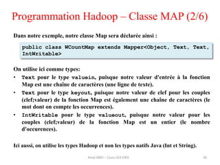Programmation Hadoop – Classe MAP (2/6)
Dans notre exemple, notre classe Map sera déclarée ainsi :
On utilise ici comme ty...