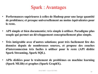 Spark : Avantages
10
Amal ABID – Cours GI3 ENIS
• Performances supérieures à celles de Hadoop pour une large quantité
de problèmes; et presque universellement au moins équivalentes pour
le reste.
• API simple et bien documentée; très simple à utiliser. Paradigme plus
souple qui permet un développement conceptuellement plus simple.
• Très intégrable avec d'autres solutions; peut très facilement lire des
données depuis de nombreuses sources, et propose des couches
d'interconnexion très faciles à utiliser pour le reste (API dédiée
Spark Streaming, Spark SQL).
• APIs dédiées pour le traitement de problèmes en machine learning
(Spark MLlib) et graphes (Spark GraphX).
 